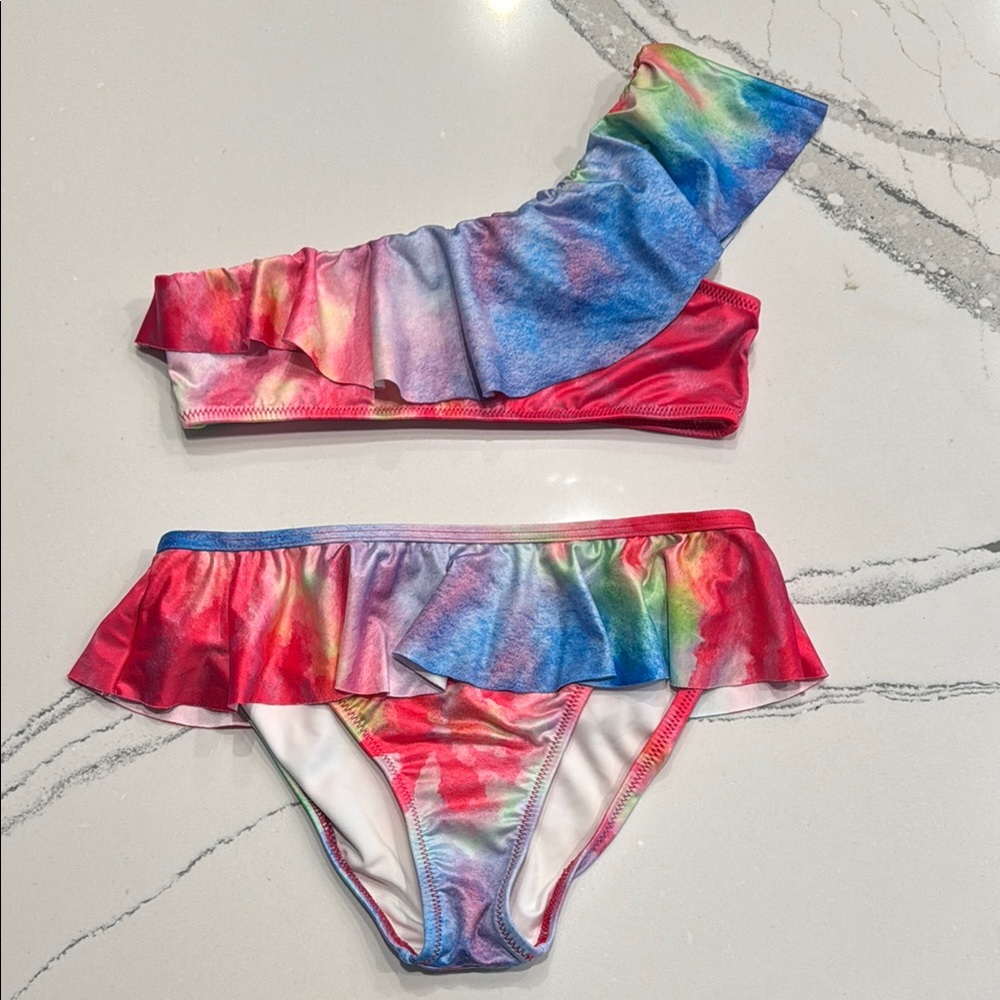 Stella Cove Girls Tie Dye Ruffle One Shoulder Bikini Set Size 10yrs